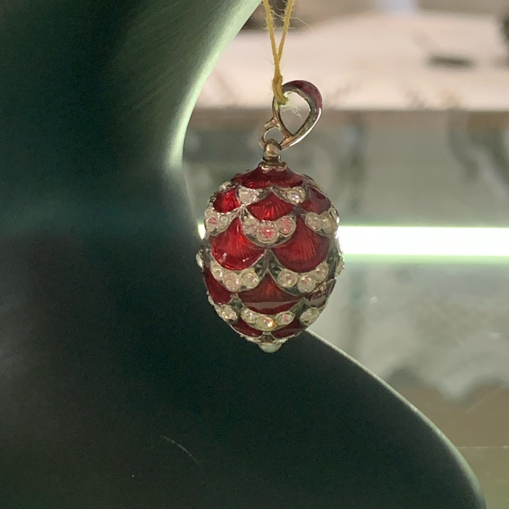 Vintage Red Enamel and White Crystal Egg Shaped Pendant